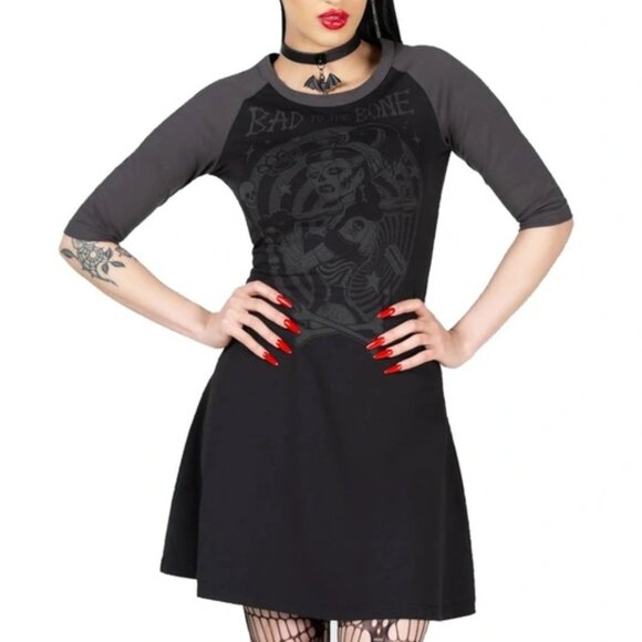 Killstar Bad 2 the Bone T-Shirt Dress M Black Gray Goth Punk Pin Up Alternative - Picture 1 of 6